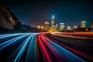 a city skyline at night with light trails. AI-Generated photo