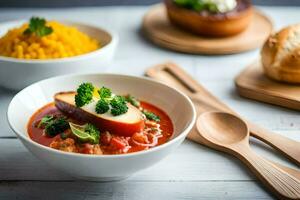 a bowl of soup with broccoli and bread on a table. AI-Generated photo