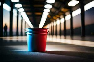 a red and blue bucket sitting in a dark tunnel. AI-Generated photo