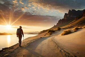 a man with a backpack walking on a trail in the desert. AI-Generated photo