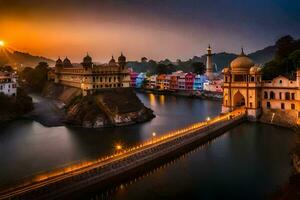 foto fondo de pantalla el cielo, agua, río, puente, atardecer, udaipur, Indiana. generado por ai