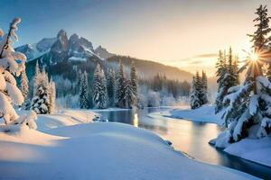 foto fondo de pantalla el cielo, nieve, árboles, río, montañas, sol, río, río,. generado por ai