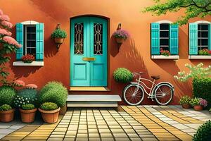 a painting of a house with a bicycle and flowers. AI-Generated photo
