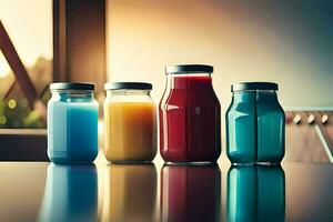 cuatro diferente de colores jugos en vaso frascos en un mesa. generado por ai foto