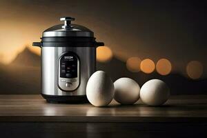 an electric pressure cooker with eggs on a table. AI-Generated photo