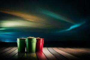 three colorful buckets sitting on a wooden deck. AI-Generated photo