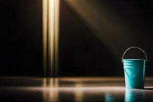 a blue bucket sitting on a dark floor. AI-Generated photo