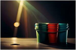 three buckets of different colors on a table. AI-Generated photo