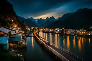 a bridge over a river at night with mountains in the background. AI-Generated photo