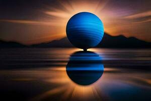 a blue sphere floating in the water at sunset. AI-Generated photo