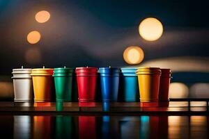 colorful cups lined up on a table with a blurry background. AI-Generated photo