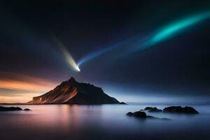 a comet is seen in the sky above a mountain. AI-Generated photo