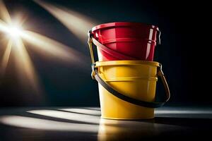 two red and yellow buckets on a dark background. AI-Generated photo
