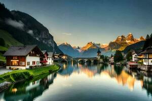 foto fondo de pantalla montañas, el sol, agua, casas, Suiza, el Alpes, sudoeste. generado por ai