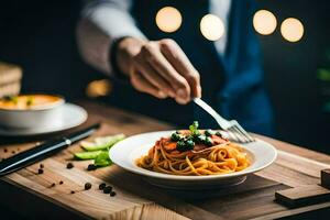 a man is holding a fork over a plate of spaghetti. AI-Generated photo