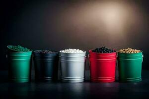 a row of colorful buckets with different types of beans. AI-Generated photo