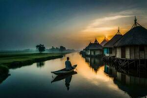 a man in a boat on the water near huts. AI-Generated photo