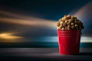 a bucket filled with nuts on a table. AI-Generated photo