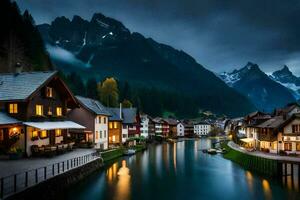 photo wallpaper the sky, mountains, water, houses, the night, the mountains, the river. AI-Generated