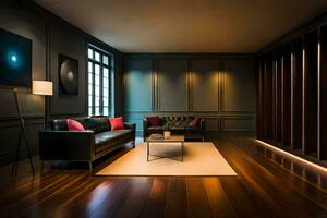 a living room with dark wood floors and black furniture. AI-Generated photo
