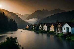 photo wallpaper the sky, mountains, river, house, the sun, the mountains, the river. AI-Generated