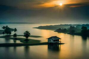 un pequeño casa se sienta en el borde de un lago a amanecer. generado por ai foto