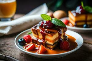 a plate with a slice of cake and berries. AI-Generated photo