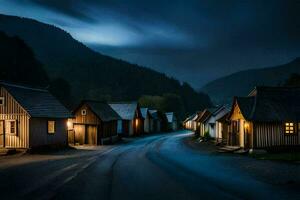 foto fondo de pantalla el cielo, noche, montañas, casas, el oscuro, el noche, Noruega. generado por ai