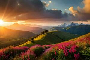 the sun rises over the mountains and flowers in the foreground. AI-Generated photo