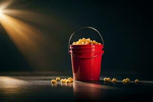 a red bucket filled with popcorn on a dark table. AI-Generated photo