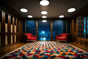 a room with a colorful rug and two red chairs. AI-Generated photo