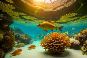 a fish swims in an underwater aquarium with coral and fish. AI-Generated photo
