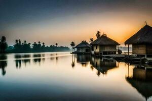 a small village on the water with thatched huts. AI-Generated photo