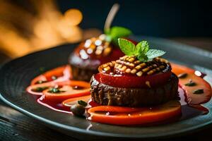 un plato con dos albóndigas y salsa en él. generado por ai foto