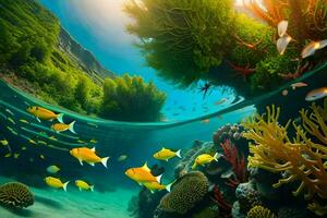 underwater scene with coral reefs and fish. AI-Generated photo