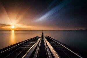 un barco es sentado en el agua a puesta de sol. generado por ai foto