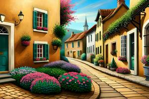 a painting of a street with flowers and houses. AI-Generated photo