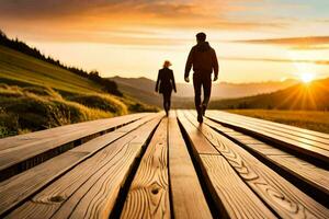 two people walking on a wooden bridge at sunset. AI-Generated photo