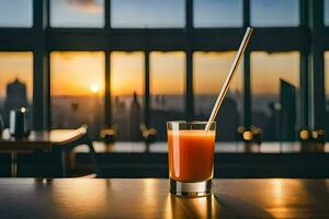 a glass of juice with a straw on a table in front of a cityscape. AI-Generated photo