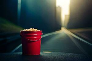 a red bucket filled with popcorn on a train track. AI-Generated photo