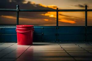 un rojo Cubeta sentado en un embaldosado piso. generado por ai foto