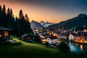 un hermosa puesta de sol terminado un pequeño pueblo en el montañas. generado por ai foto
