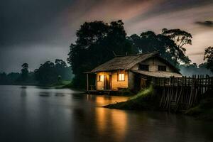 a small house sits on the edge of a river. AI-Generated photo