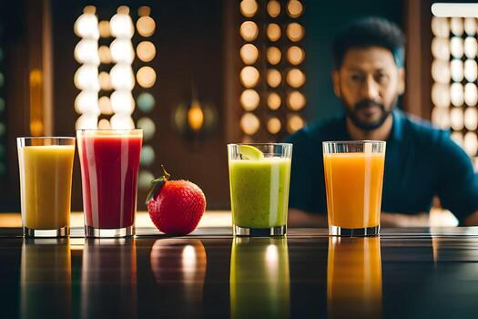 a man sitting in front of a table with several different juices. AI-Generated photo