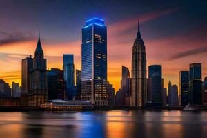 the manhattan skyline at sunset. AI-Generated photo