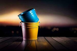 two colorful buckets on a wooden table. AI-Generated photo