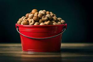 nuts in a red bucket on a dark table. AI-Generated photo