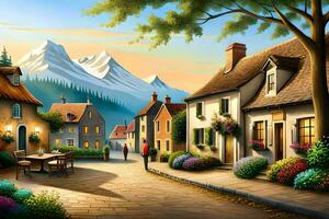 a painting of a village street with trees and flowers. AI-Generated photo