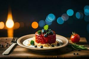 a plate with a tomato and basil salad on a wooden table. AI-Generated photo