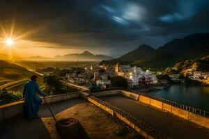 un hombre soportes en el techo de un edificio con vista a un aldea. generado por ai foto